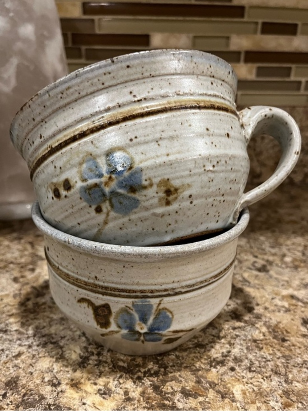 Vintage Handcrafted Pottery Floral Mugs in Speckled Taupe with Blue Flowers